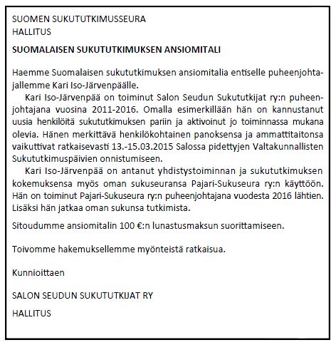 Ansiomitalihakemus Kari Iso-Järvenpää