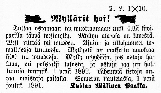 Ilmoitus Uusi Aura-lehdessä 1.12.1891