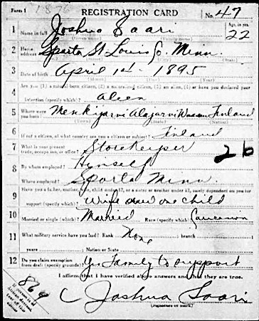 Josua Saaren rekisteröintikortti 1917
